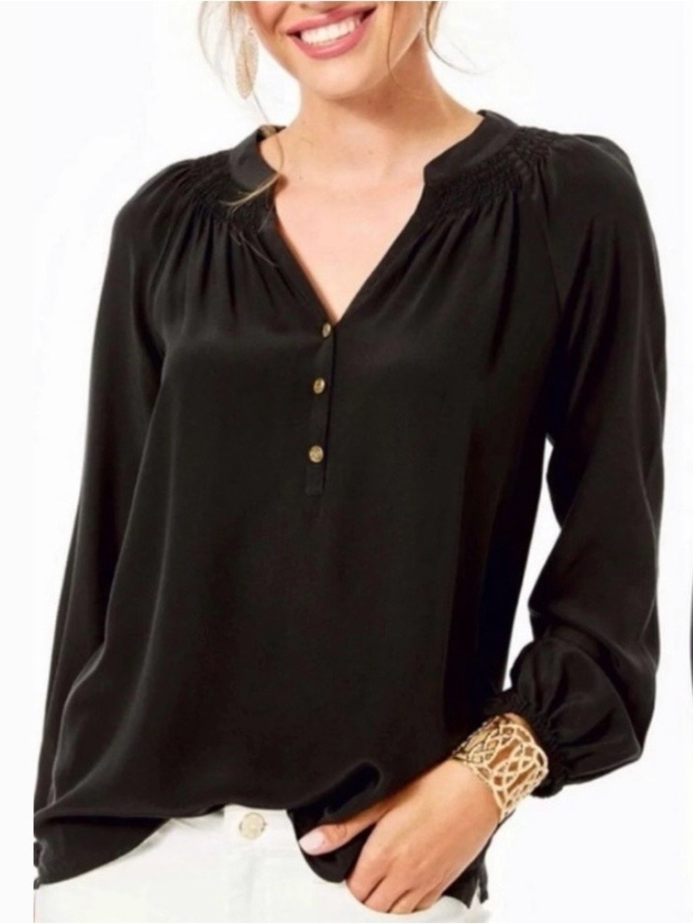 Lilly Pulitzer Black Silk Elsa Smocked Popover Blouse XS